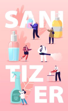 Dezenfektan konsepti. Tiny People karakterleri ellerini antibakteriyel sabunla yıkar, maske takar. Fogger Spreyli Dezenfektan işçisi. Önleme Ölçüleri Poster Afişi Pilotu. Çizgi film Vektör İllüstrasyonu