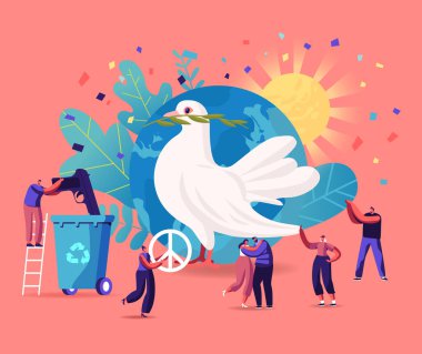 International Day of Peace Concept. Tiny Male and Female Characters Hugging, Throw Out Gun to Litter Bin around of Earth Globe and Huge Dove Carrying Leaf Branch. Cartoon People Vector Illustration clipart