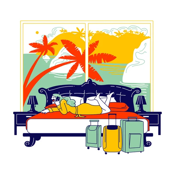 Female Character Hotel Lodger Lying in Bed with Exotic Window View Call to Reception Order Breakfast in Suit. Woman Tourist Summer Vacation. Room Service Ordering Concept. Linear Vector Illustration — Stock Vector