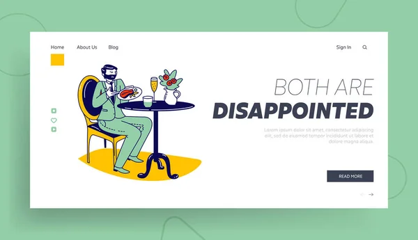 Poor Quality Cafe Hospitality Landing Page Template. Squeamish Male Character Disappointed with Bad Service in Restaurant. Businessman Looking on Plate with Disgusting Dish. Linear Vector Illustration — Stock Vector