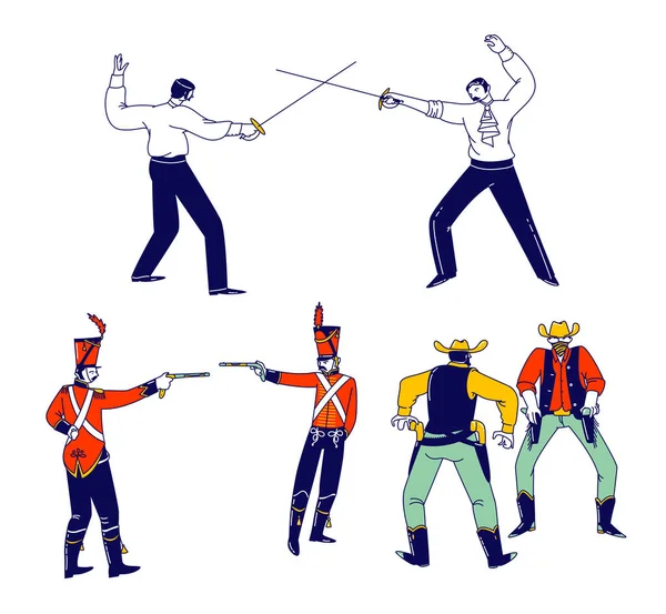 Set personnages masculins se battant en duel. Wild West Cowboys aux États-Unis armés d'un revolver prêt à ouvrir le feu. Hussards visant à l'autre avec un pistolet, les hommes escrime. Illustration vectorielle des personnes linéaires — Image vectorielle