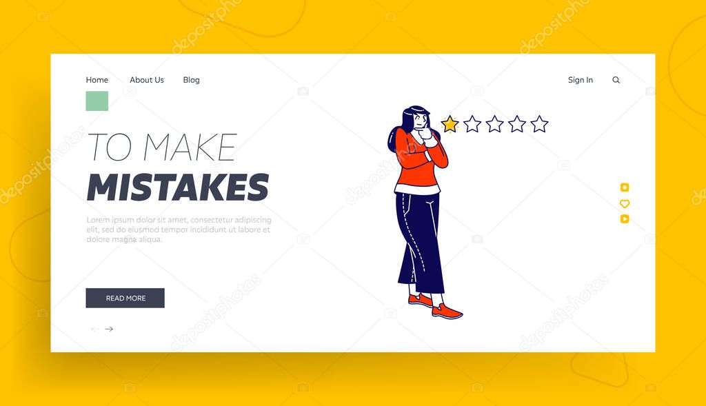 Dissatisfied Client, Customer Landing Page Template. Disappointed Female Character Put One Star for Service Rating. Confused Woman Consumer Leave Bad Negative Feedback. Linear Vector Illustration