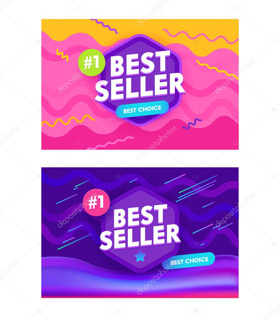 Set of Bestseller Banners with Abstract Memphis Funky Style Pattern for Social Media Marketing. Hot Sale Offer for Shop or Discounter. Shopping Posters, Best Seller Advertising. Vector Illustration