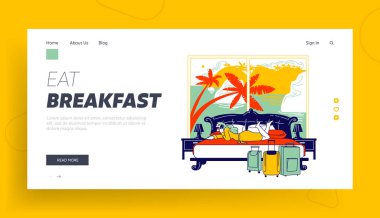 Oda Servisi İniş Şablonu Siparişi Veriyor. Kadın Karakter Oteli Kiracısı Egzotik Pencere manzaralı Yatakta Uzanıyor Takım Elbiseli Kahvaltı, Yaz Tatili. Doğrusal Vektör İllüstrasyonu