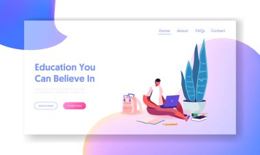 Uzak Okul İniş Şablonu. Küçük liseli çocuk dizüstü bilgisayarla yerde oturuyor ve internetten Webinar 'ı izliyor. Evde Aile Eğitiminde Çocuk Karakteri, Evde Eğitim. Çizgi film Vektör İllüstrasyonu