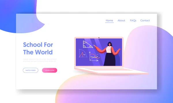 Distant Education on Covid19 Quarantine Landing Page Template (dalam bahasa Inggris). Guru Perempuan Karakter Melakukan Pelajaran pada Layar Laptop. Sekolah Online, Pengetahuan, Konsep Sains. Ilustrasi Vektor Rakyat Kartun - Stok Vektor
