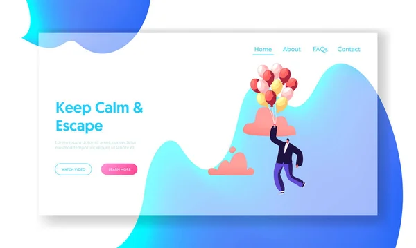 Escape, Inspiração, Progresso, Solução criativa Landing Page Template. Personagem de Empresário Voando com Balão de Ar no Isolamento de Quarentena de Fuga de Ar, Crescimento de Carreira. Desenhos animados Vector Ilustração —  Vetores de Stock