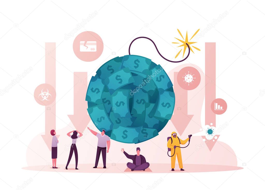 Coronavirus Outbreak and Global Economy Crisis, Financial Crash. Stock Market Chart Fall and Upset Business People Characters. Negative Covid19 Impact on Investment Price. Cartoon Vector Illustration