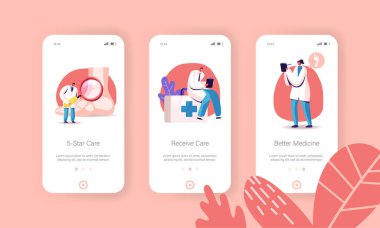 Podiatry Mobil Uygulama Sayfası Ekran Şablonu. Tiny Doctor Podiatrist Karakter Muayenesi Koca Ayak, Ayak ve Alt Ekstrem Hastalığı, Sağlık Hizmetleri Konsepti. Çizgi film İnsanları Vektör İllüstrasyonu