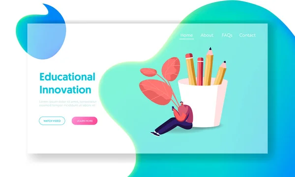 ชายหนุ่มศึกษาต้นแบบหน้า Landing Page ภาษาต่างประเทศ ตัวละครชายขนาดเล็กที่มีสมาร์ทโฟนนั่งที่กล่องดินสอขนาดใหญ่ศึกษาหลักสูตรภาษาจีนอ่านข่าวในอินเทอร์เน็ต ภาพวาดเวกเตอร์การ์ตูน — ภาพเวกเตอร์สต็อก