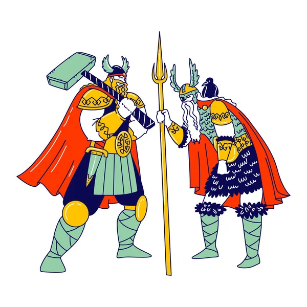 Personaggi vichinghi che indossano vestiti scandinavi che tengono martello e lancia. Nordic Mythology Heroes, attori cinematografici che giocano un ruolo nel cinema isolato su sfondo bianco. Illustrazione vettoriale delle persone lineari — Vettoriale Stock
