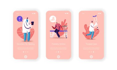 Sağlık Hizmetleri Mobil Uygulama Sayfası Ekran Şablonu. Koltuk değnekleri üzerinde bacak kırığı olan küçük adam karakteri ortopedi ya da doktor konseptiyle ayak hastalıkları kliniğini ziyaret ediyor. Çizgi film İnsanları Vektör İllüstrasyonu