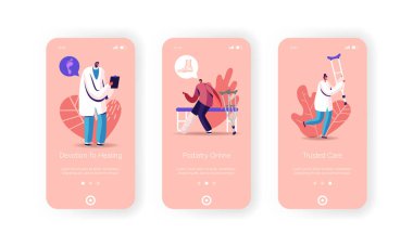Healthcare Mobile App Page Onboard Screen Template. Tiny Man Character with Leg Fracture Stand on Crutches Visit Orthopedy or Podiatry Clinic with Doctor Concept. Cartoon People Vector Illustration clipart