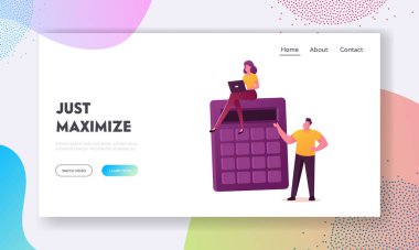 Mali sorunlar, Bütçe İniş Sayfası Şablonu. Finansal Masraflar, Gelir, Kâr veya Kredi İdaresi 'ndeki İş Adamları Karakterleri. Kadın dizüstü bilgisayarda çalışıyor. Çizgi film Vektör İllüstrasyonu