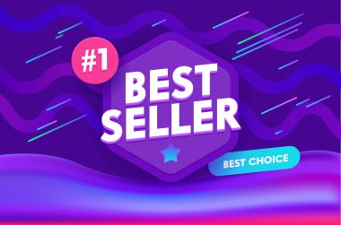 Çok Satanlar Bayrağı, Memphis Style 'da tipografi ve soyut dalgalarla sosyal medya tanıtım afişi. Best Seller Alışveriş İndirimi, İçerik Dekorasyonu Arkaplanı, Duyuru. Vektör İllüstrasyonu
