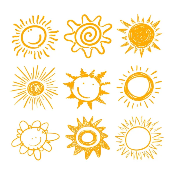 Conjunto de ícones de sol bonito. Amarelo Childish Doodle Emoticons Coleção. Sol sorridente com raios de sol Desenhos Animados Personagens desenhados à mão Isolados no fundo branco. Elemento de design de impressão de camiseta. Ilustração vetorial — Vetor de Stock