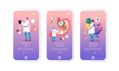 Gastroenteroloji Tıbbi Randevu Mobil Uygulama Sayfası Ekran Şablonu. Dev İlaç ve Hastalıklı Hasta Mide Konsepti olan Küçük Doktorlar Karakterleri. Çizgi film İnsanları Vektör İllüstrasyonu
