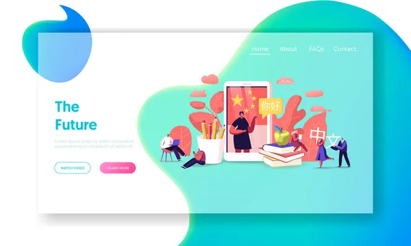 漢字学習中国語コースランディングページテンプレート.教師と巨大なスマートフォンの周りの小さな人々学生にNiハオは象形文字を運ぶと言う,オンラインレッスン.漫画ベクターイラスト — ストックベクタ