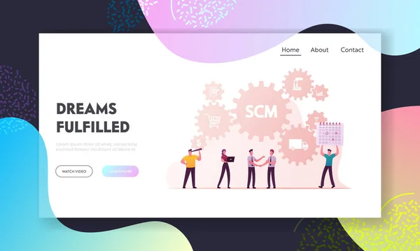 SCM, Supply Chain Management Landing Page Template. Personaggi aziendali Auto Logistica e Trasporto Carico Passi. Processo di consegna delle merci, esportazione importazione commercio globale. Illustrazione del vettore del fumetto — Vettoriale Stock