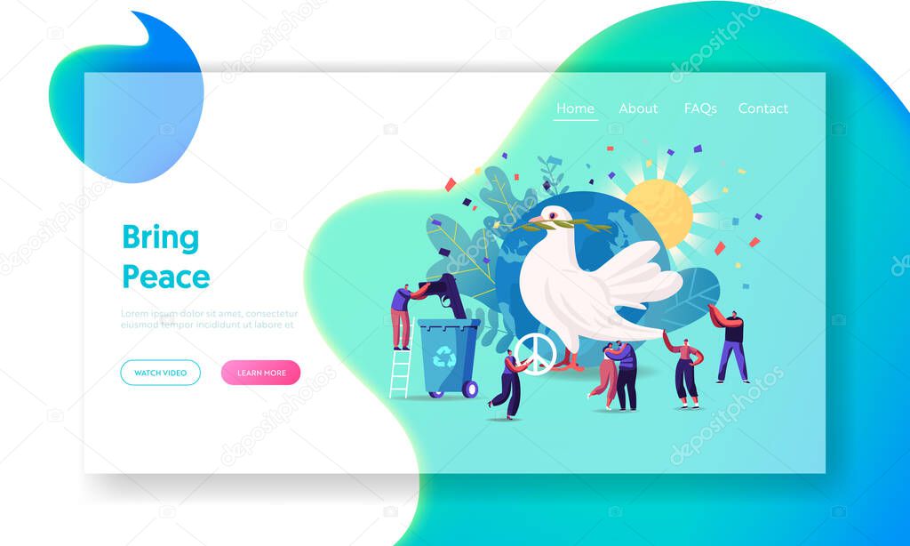 International Day of Peace Landing Page Template. Tiny Characters Hugging, Throw Out Gun to Litter Bin around of Earth Globe and Huge Dove Carrying Leaf Branch. Cartoon People Vector Illustration