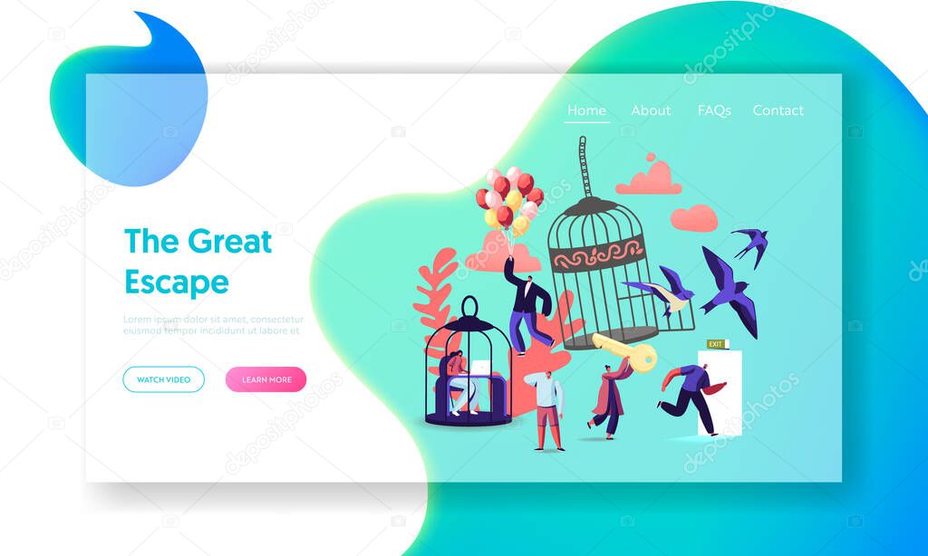 Characters Escape Home Isolation, Freedom Landing Page Template. People Leaving Cages and Run into Open Door and Flying on Air Balloons after Covid19 Quarantine Pandemic. Cartoon Vector Illustration