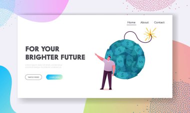 Coronavirus Pandemic Landing Page Şablonu nedeniyle küresel ekonomik kriz. Yanan Fünyeli Dolar Faturalarından Yapılan Büyük Bomba 'da Erkek Karakter Durağı. Dünya çapında çöküş. Çizgi film Vektör İllüstrasyonu