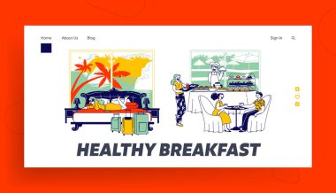 Misafirperverlik ve Oda Servisi İniş Şablonu. Karakterler Masada Oturur, Kızlar Takım Elbiseliden Resepsiyonda, Restoran personeli Misafirlere Yemek Veriyor. Doğrusal İnsanlar Vektör İllüstrasyonu