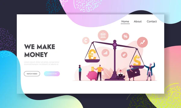 Euro Vs Dollar Landing Page Template. Confronto da Economia Europeia e Americana e dos Mercados Financeiros. Personagens minúsculos no Huge Scales com USD e EUR Currency. Desenhos animados Pessoas Vector Ilustração —  Vetores de Stock