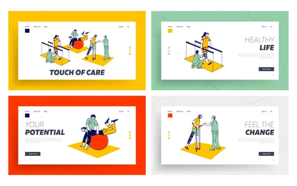 Disabled Physiotherapy, Rehabilitation Landing Page Template Set. Los personajes reciben educación física adaptativa, corrección de habilidades físicas perdidas con ayuda del terapeuta. Personas lineales Vector Ilustración — Archivo Imágenes Vectoriales