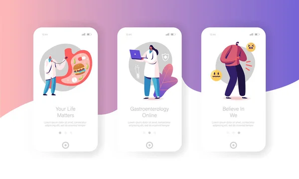 Gastroenterology Mobile App Page Onboard Screen Template (dalam bahasa Inggris). Karakter Manusia Kecil Menderita Stomachache dan Penyakit Helicobacter. Pasien dan Dokter, Konsep Perut. Ilustrasi Vektor Kartun - Stok Vektor