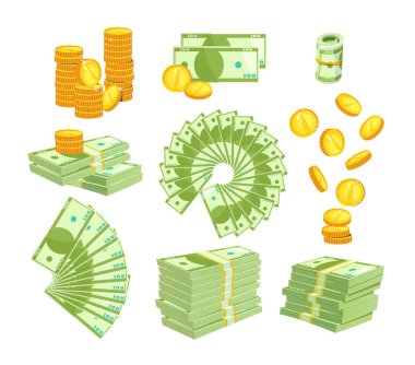 Beyazlar Arkaplan 'da çeşitli miktarlarda para izole edildi. Paketleme ve Banknotlar Yığını, Kağıt Faturalar Hayranı. Düşen ve yığılan altın sikkeler. Para Birimi Nesneleri Simgeleri Çizgi Film Vektör İllüstrasyonu