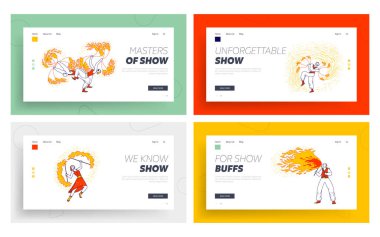 Fire Show Entertainment, Performance Landing Page Template Set. Characters Dance and Juggle with Flame on Stage Performing Talent Show Program for Judges and Viewers. Linear People Vector Illustration clipart