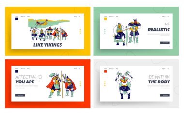 Vikings İniş Sayfa Şablonu Ayarlandı. Boynuzlu Erkek Karakterler, Boynuzlu Miğferler ve Zırhlı Kılıçlar ve Baltalar Sahilde Su Yüzen Kale ile duruyor. Doğrusal İnsanlar Vektör İllüstrasyonu