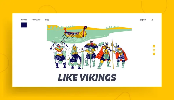 Vikingen Landing Page Template. Mannelijke personages dragen huiden, helmen met hoorns en holding armor zwaarden en bijlen staan op de kustlijn met Rook drijvend op het water. Lineaire People Vector Illustratie — Stockvector