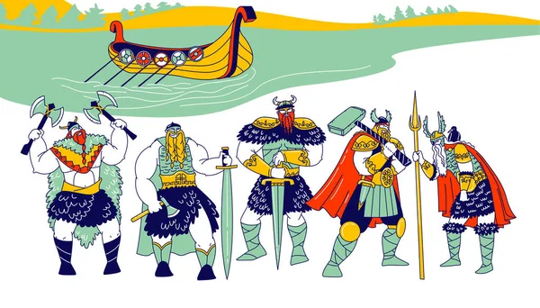 Vikingové Mužské postavy Nošení Kůže, Přilby s rohy a držení brnění Meče a osy stojí v řadě na moři nebo říční pobřeží s věží plovoucí na vodě. Vektorový obrázek lineárních osob — Stockový vektor