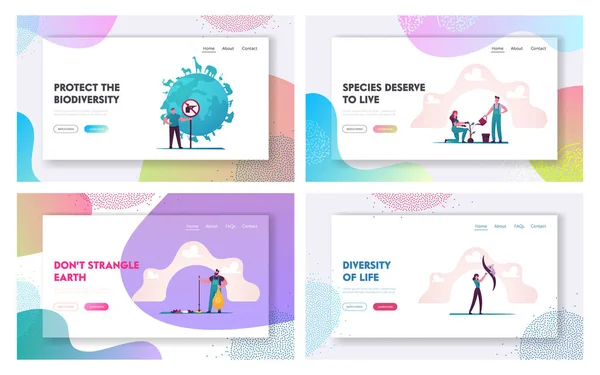 Biodiversity Landing Page Template Set (em inglês). Caracteres minúsculos cuidam de várias criaturas e plantas selvagens, flora e fauna, animais ameaçados, conservação da Terra. Desenhos animados Pessoas Vector Ilustração — Vetor de Stock