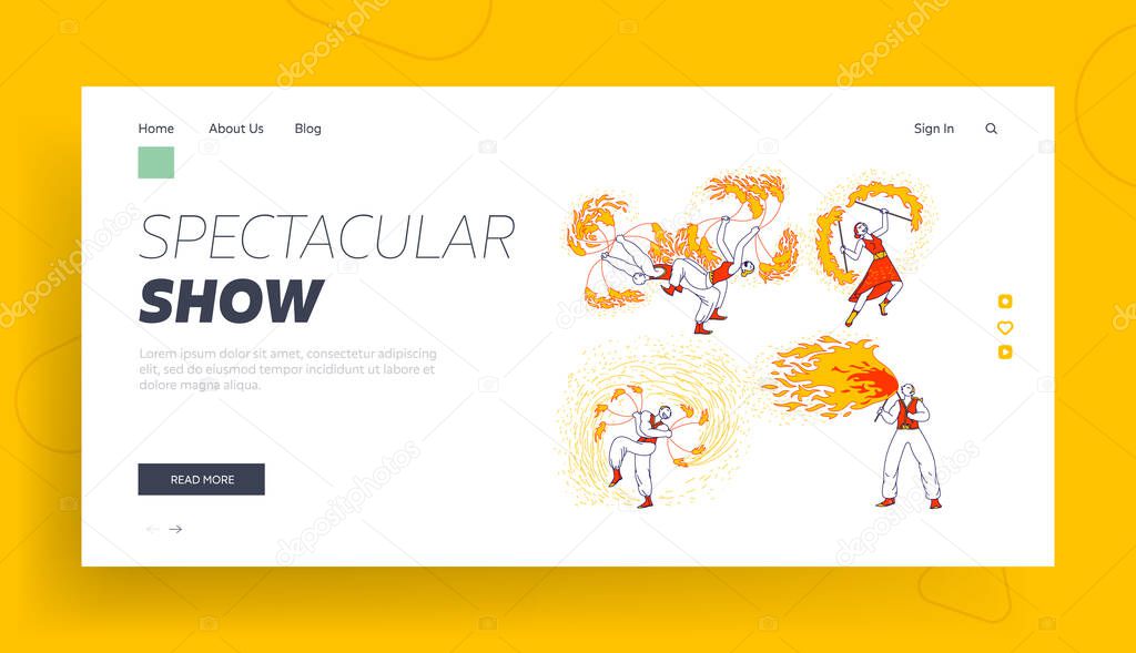Entertainment with Flame, Performance Landing Page Template. Characters Dancing and Juggling with Fire on Stage Performing Talent Show Program for Judges and Viewers. Linear People Vector Illustration