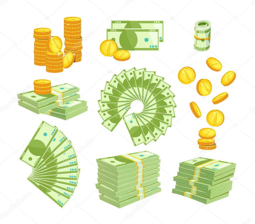 Set Various Kind of Money Isolated on White Background. Packing and Piles of Dollar Banknotes, Fan of Paper Bills. Gold Coins Falling Down and Stack. Currency Objects Icons Cartoon Vector Illustration