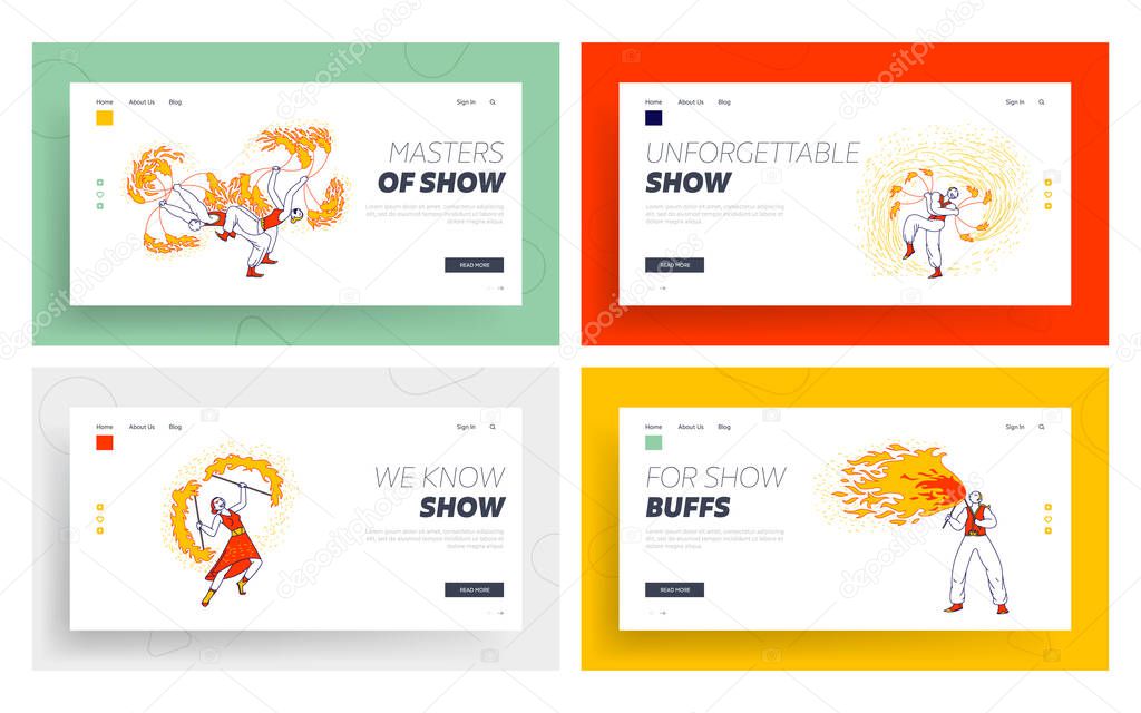 Fire Show Entertainment, Performance Landing Page Template Set. Characters Dance and Juggle with Flame on Stage Performing Talent Show Program for Judges and Viewers. Linear People Vector Illustration