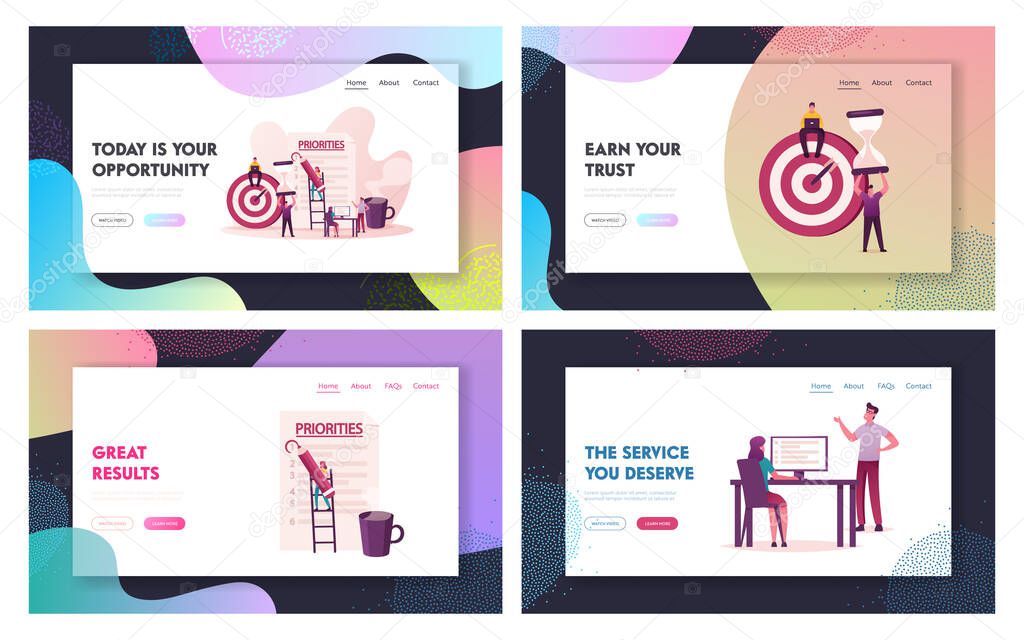 Priorities Organize Landing Page Template Set. Tiny Characters Put Tasks on Paper for Effective Daily Planning, Scheduling Working Process. Timetable and Aiming. Cartoon People Vector Illustration