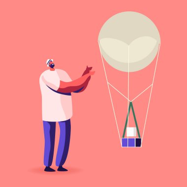 Male Character and Meteorology Probe on Air Balloon. Research, Probing, Monitoring Hurricane. Satellite Make Measurements of Weather Parameters Above the Earth, Radiosonde. Cartoon Vector Illustration clipart