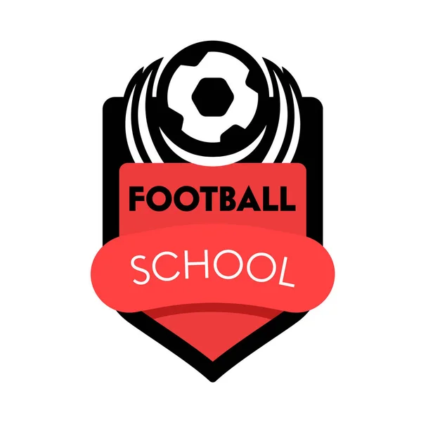 Bannière de l'école de football, badge créatif avec ballon de football sur bouclier et typographie isolée sur fond blanc. Label de formation sportive professionnelle, Icône des classes de sport, Élément. Illustration vectorielle — Image vectorielle