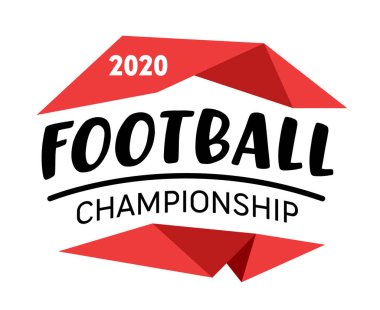 Futbol Şampiyonası 2020 Banner, Yaratıcı Tipografi Rozeti ve Kırmızı Geometrik Elementler Beyaz Arkaplanda İzole Edildi. Profesyonel Spor Etiketi, Turnuva Tabelası veya Spor Simgesi. Vektör İllüstrasyonu