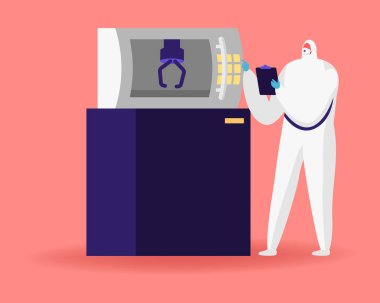 Steril Giyimde Fabrika Bilimadamı Karakteri Modern Endüstriyel 3D Baskı Makineleri üzerinde çalışıyor. İlaç, Biyoteknoloji ve Yarı iletken Üretim Süreci. Çizgi film Vektör İllüstrasyonu