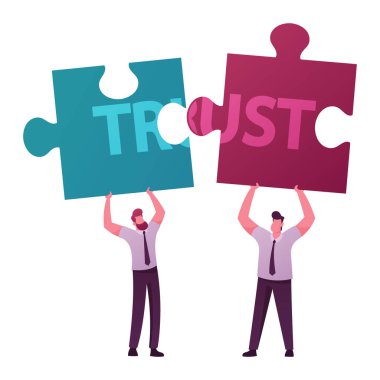 Anlaşmaların ve Vaatlerin İhlali, Güvenilirliği Kaybet. Erkek Karakterler Yapboz Parçalarını Word Trust ile paylaşıyor. Profesyonel İtibar Yalan ve Hile Yapılamadı. Çizgi film İnsanları Vektör İllüstrasyonu