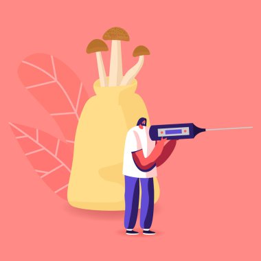 Dev Cep Mantarları 'nda Evde Yapılan Mantarlarla Büyürken Küçük Kadın Karakteri Nitrat Testi Durağı. Evde Mantar Yetiştiren Kadın Hobisi. Çizgi film Vektör İllüstrasyonu