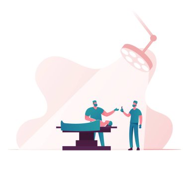 Cerrah karakterleri neşter tutuyor. Klinikteki yatakta yatan hastaya ameliyat yapmaya hazırlanın. Burun estetiği, Acil Tıbbi Tedavi Sağlık Hizmetleri. Çizgi film İnsanları Vektör İllüstrasyonu