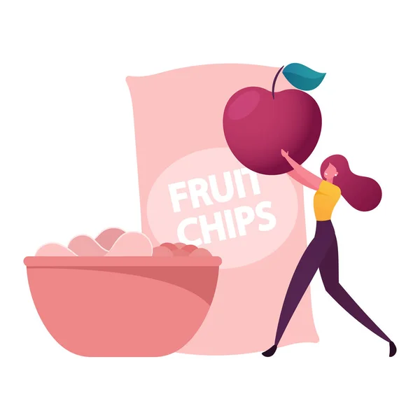 Healthy Vegan and Vegetarian Nutrition, Organic Food Harvesting. Tiny Female Character Carry Huge Ripe Apple at Package and Bowl with Fruit Chips. Natural Production. Cartoon Vector Illustration