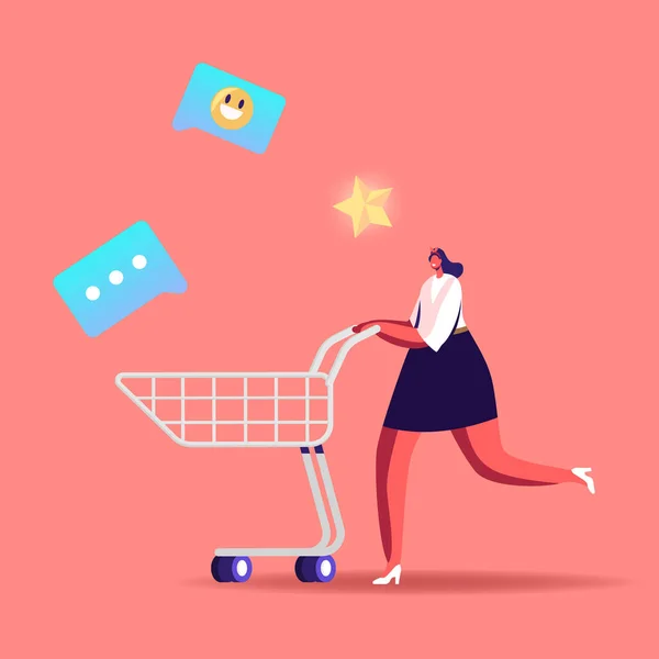 Χαρούμενη Shopaholic Γυναίκα Χαρακτήρας Push Trolley με εικόνες πολυμέσων γύρω. Ευτυχισμένη γυναίκα αγοραστής Καλή διασκέδαση κάνοντας ψώνια. Εποχιακή πώληση, εκπτωτικό κουπόνι, πωλήσεις Funnel Concept. Εικονογράφηση διάνυσμα κινουμένων σχεδίων — Διανυσματικό Αρχείο