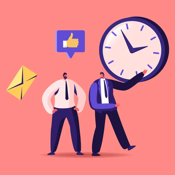 시간 관리, 판매 깔때기, 사업 촉진. 버즈먼 캐릭터 포인트 (Businessman Character Point on Huge Clock to Colleague). Working Productivity Planning and Scheduling, Cartoon People Vector Illustration — 스톡 벡터